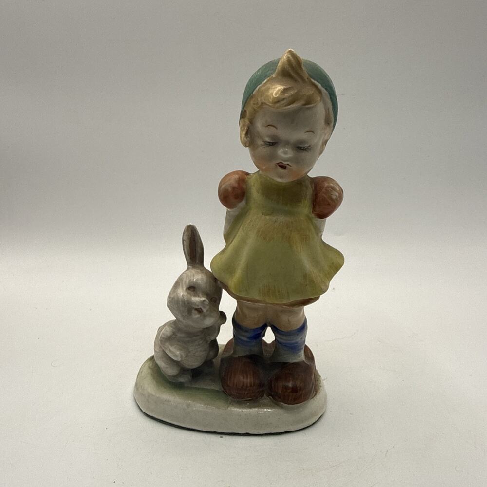 Hummel Style Figure Girl With Rabbit Bunny Ceramic Vintage Flower Figurine *